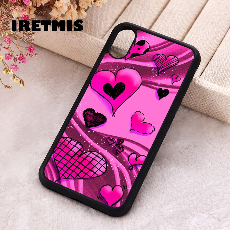 Iretmis Phone Cover Case For iPhone X XS Max XR 11 12 13 PRO MINI 14 15 16 Plus Rubber Silicone PINK HEARTS