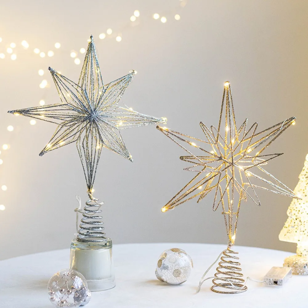 LED Christmas Tree Toppers Star Luminous Glitter Christmas Tree Toppers Lights Iron Eight-pointed Star Christmas Tree Decoration