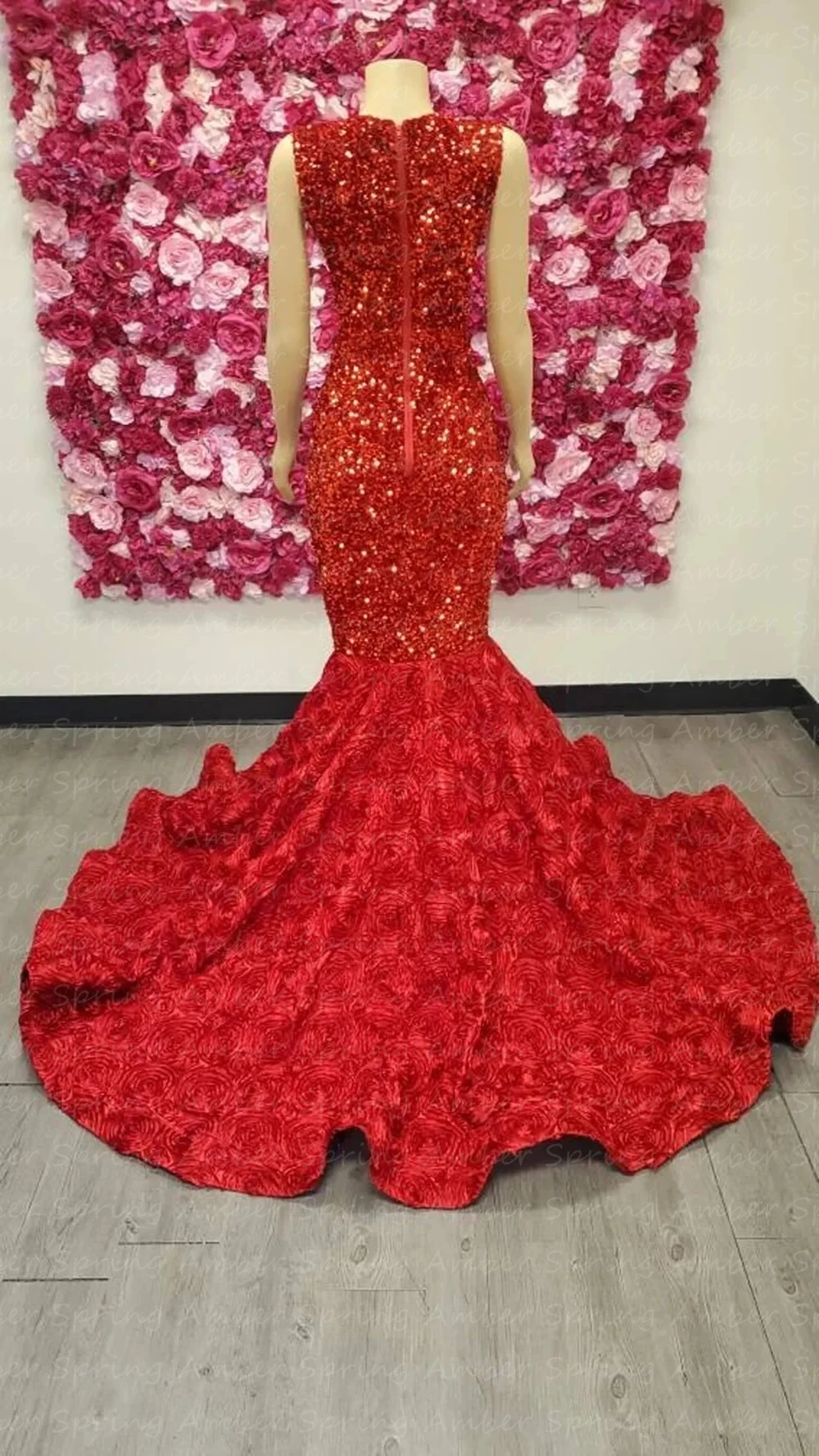 Designer Rot Schwarz Mädchen Ballkleider Meerjungfrau Pailletten Kristall 3D Blumenrock Formelle Geburtstagsparty Kleider Abschlussfeier Maßgeschneidert