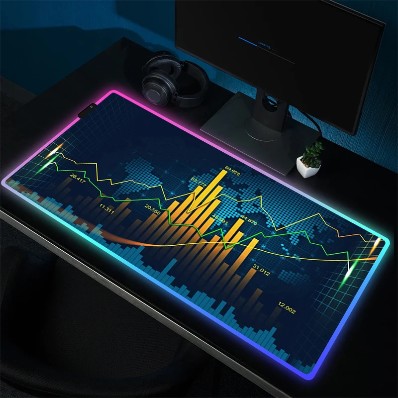 RGB Stock Market Candle Chart Mouse Pad Large Gaming Mousepad Gamer HD Print Carpet LED Rubber Game Mouse Mat Non-Slip Desk Mat