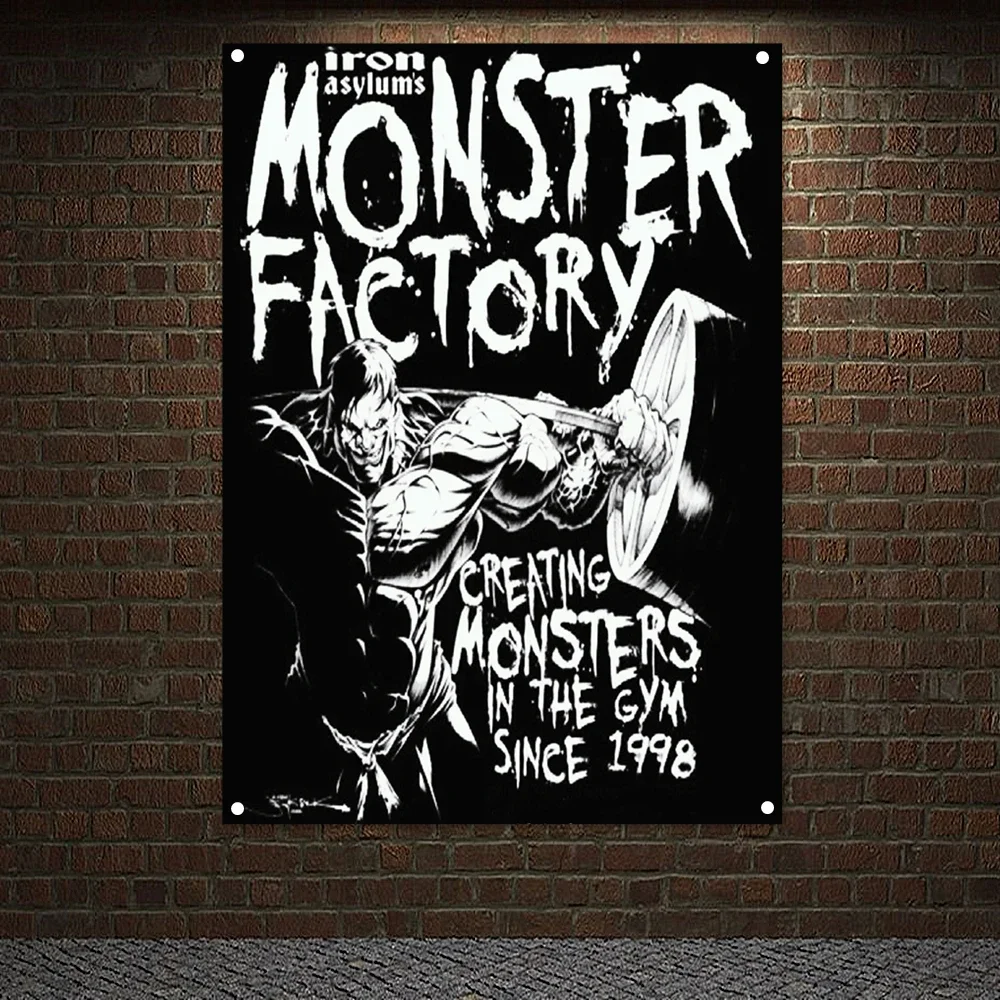 MONSTER FACTORY Flags Fitness Inspirational Workout Poster Muscular Hunk Tapestry Wall Art Gym Decoration Banner Wall Hanging