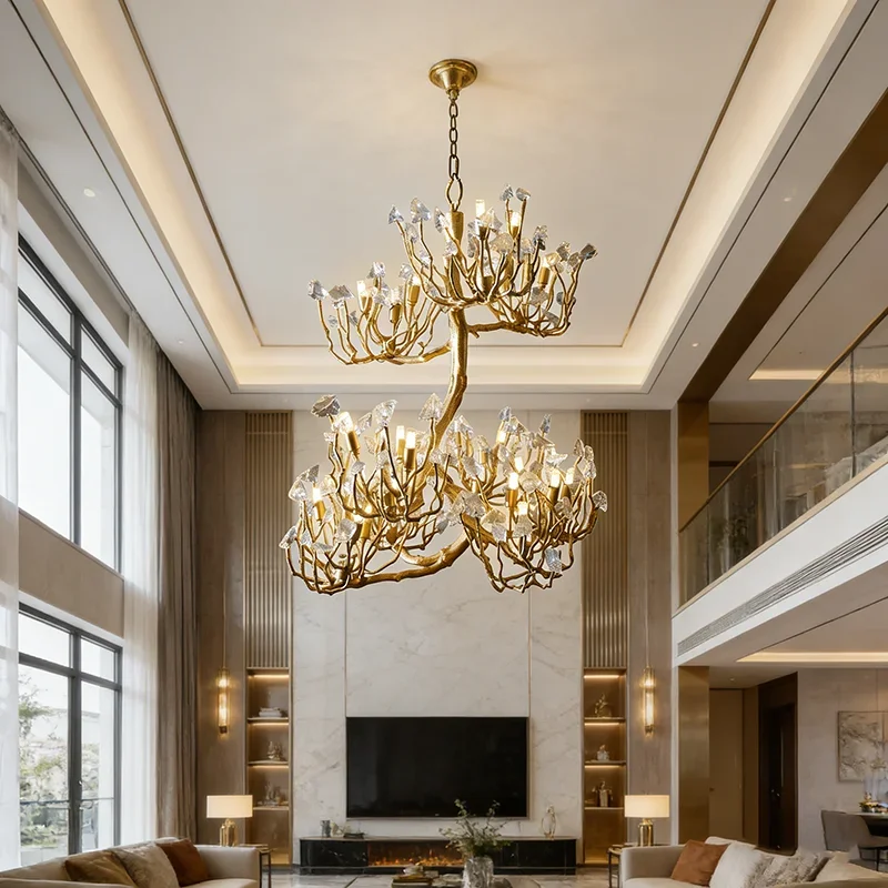 Handmade Postmodern Copper Chandelier with Natural Crystal for Living Room Dining Room Villa Lighting Decor