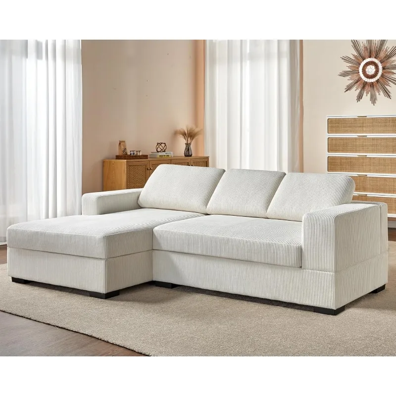 96 inch Oversized Sectional Sofa, Modern Couch with Chaise, Comfy Sofa Couch with Left Chaise, White Corduroy Sofa