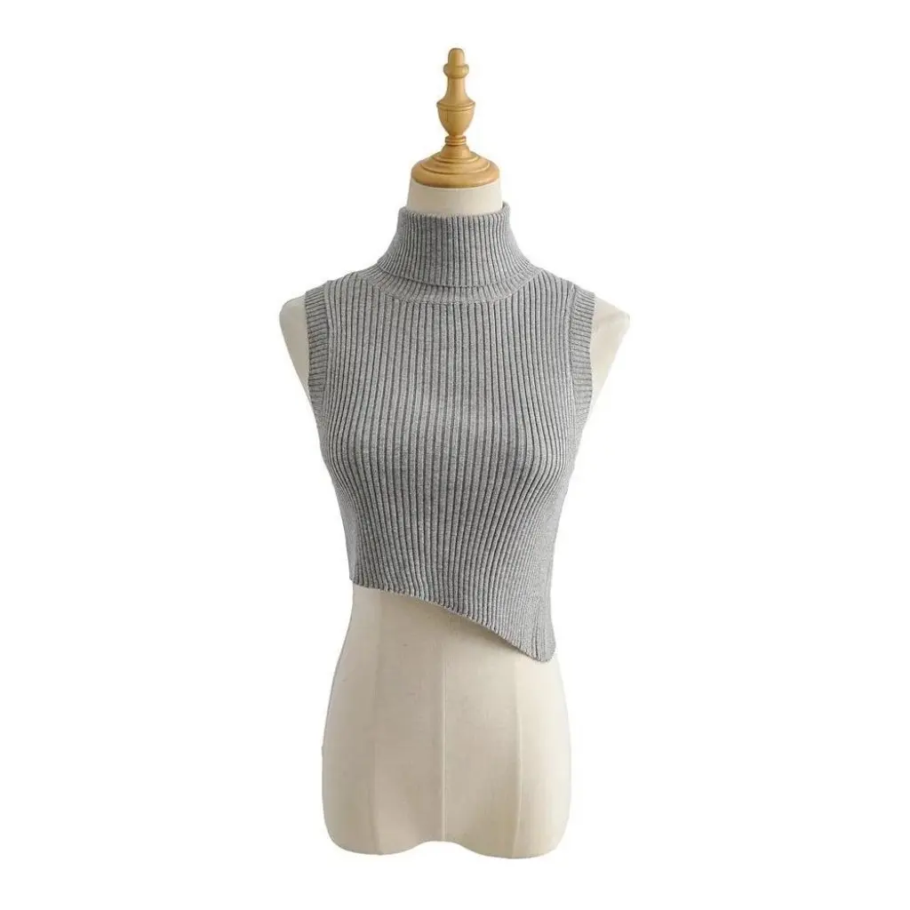 

Elegant High Neck Irregular Knitted Vest Sleeveless European American Fashion Spring Autumn Short Vest Personalized