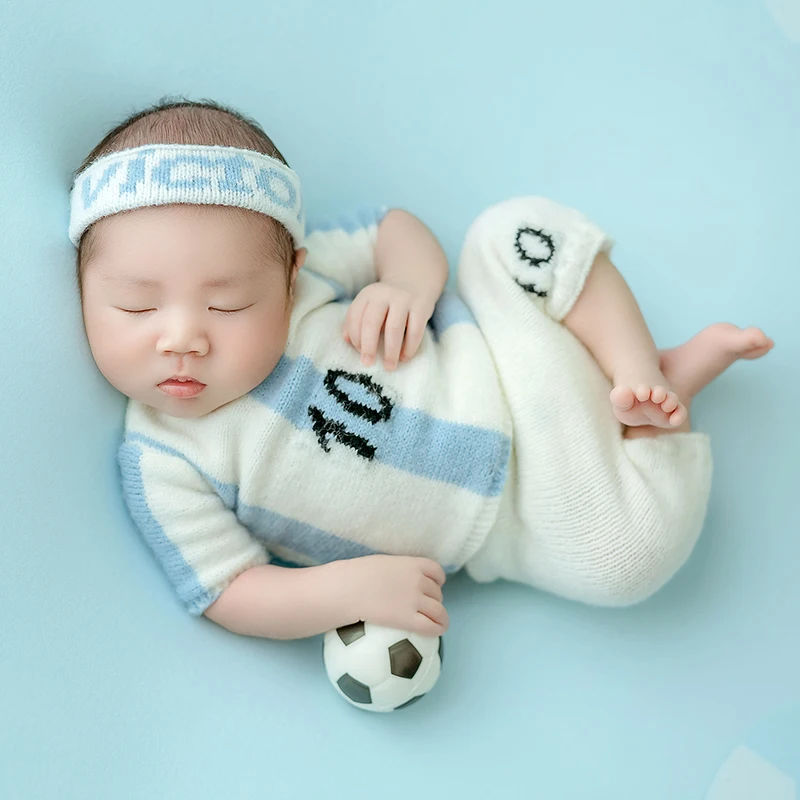 0-1 Month Newborn Knit Photography Outfit Football World Cup Theme Knitted Clothing Headband Football Prop Baby Creative Picture