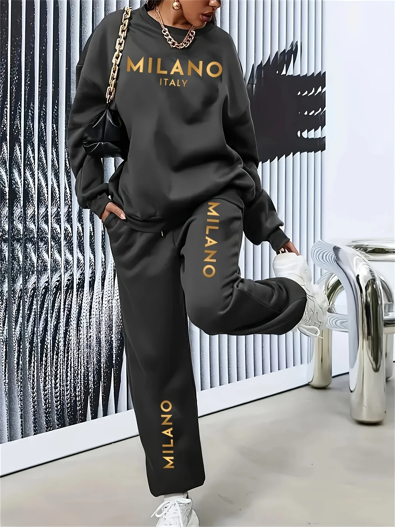 Conjunto de Sudadera con Capucha y Pantalones Deportivos Casuales para Mujer, Estilo Milán, Italia, Otoño Invierno, Estampado de Moda, Felpa Gruesa y Cálida