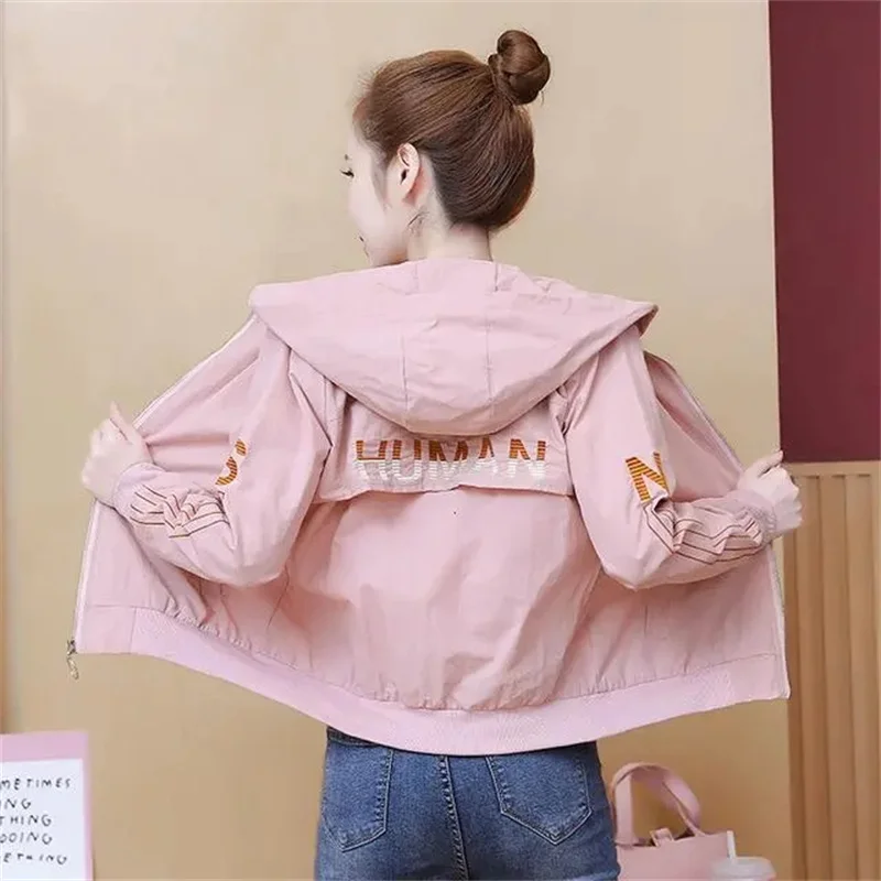 Chaqueta cortavientos de manga larga para mujer, abrigo corto con capucha y cremallera, informal, básico, holgado, novedad de otoño, 2024