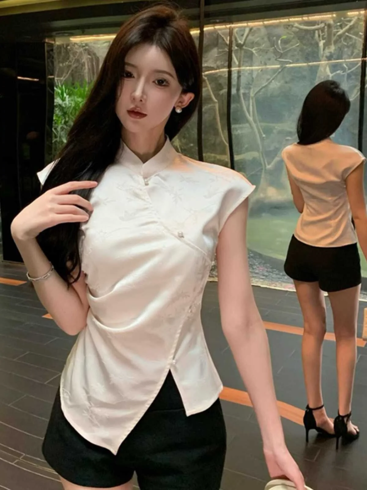 

Retro Gentle Mature Sle Asymmetrical Svel irt Women's Slimming Faionable Top Korean Commute Sle ort Length