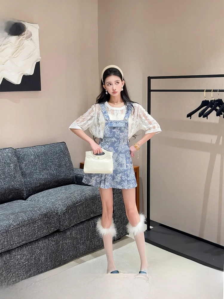 

PITAO Original Spring Summer Denim Vest Skirt Shirt Versatile Design Women's Fashion Set Three Piece Suite Universal Fit