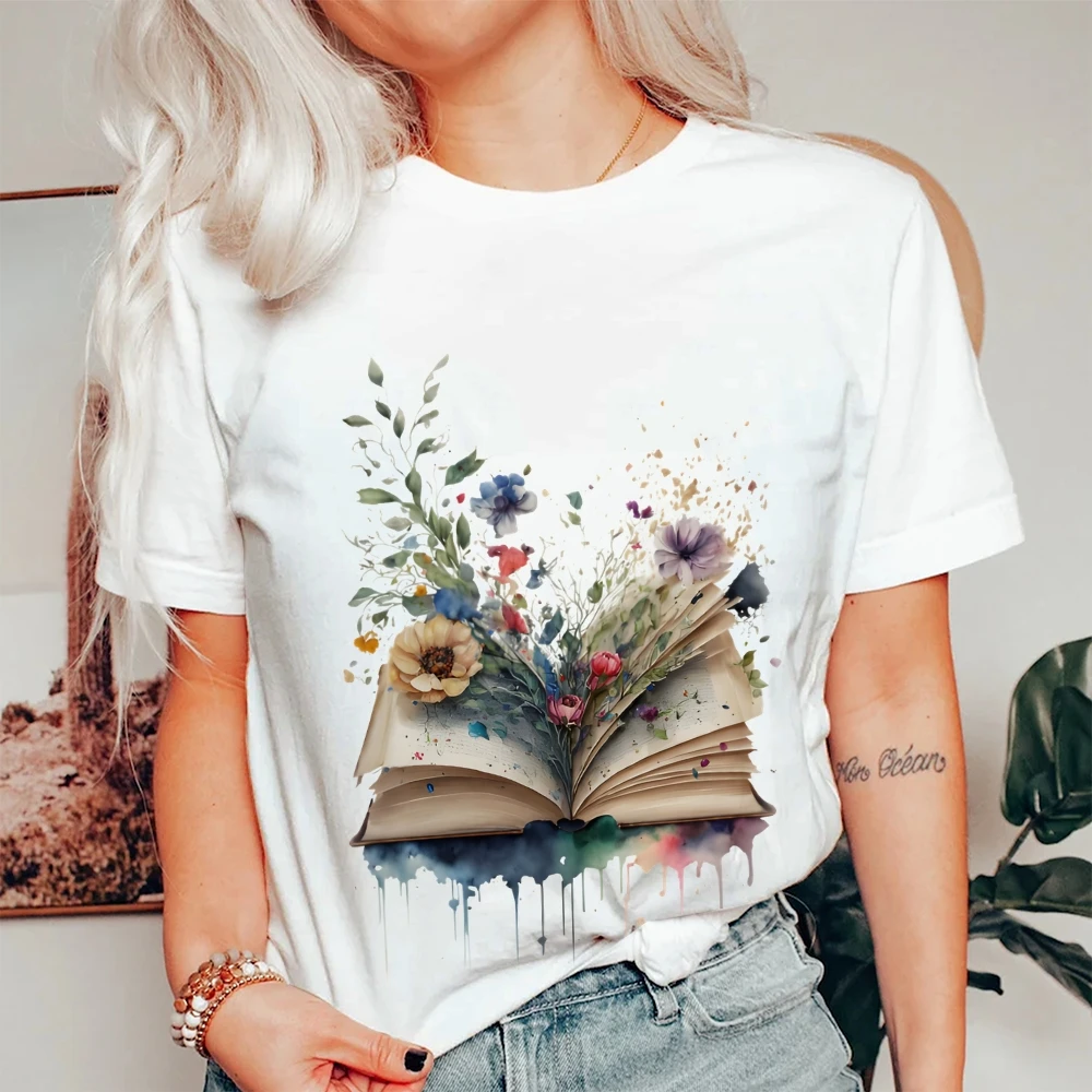 

Y2k Graphic Tee, Enchanting Watercolor Book with Flowers Print, Artistic & Romantic, Soft Fabric for Elegant Casual Looks