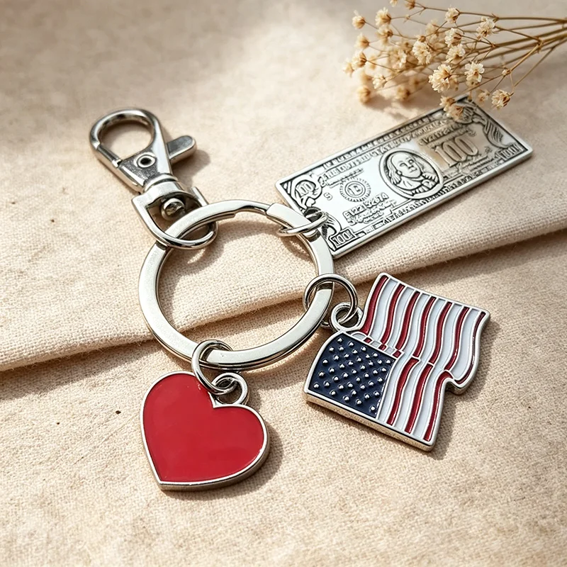 1 Piece Drop Oil Enamel Hearts American Flag Key Chain Zinc Alloy Dollar Coin Keychain
