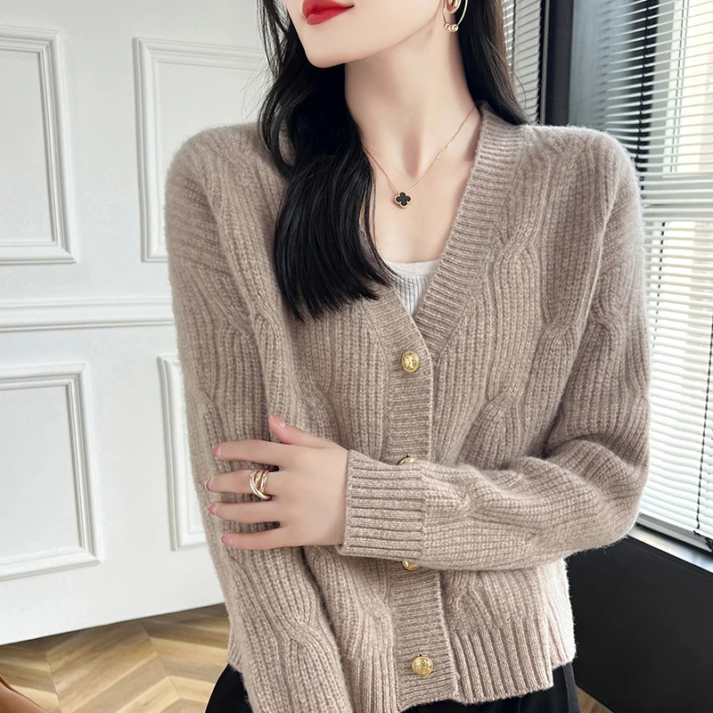 V-neck 3 button 100% Merino wool cardigan Autumn and winter new cashmere sweater women's cardigan warm bottom knit shirt top