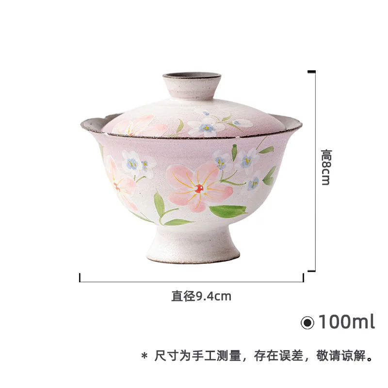 Hand-Painted Pink Spring Flower Japanese Style Household Gaiwan Kung Fu Set Coarse Pottery High Foot Imitation Hot Tea Bowl