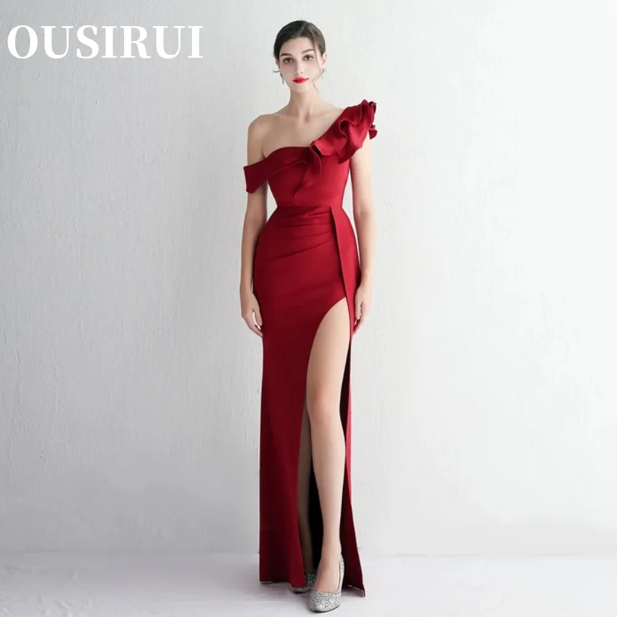 OUSIRUI Prom Dresses One Shoulder Split Elegant Wedding Guest Dresses Women Satin Cocktail Bridesmaid Evening Party