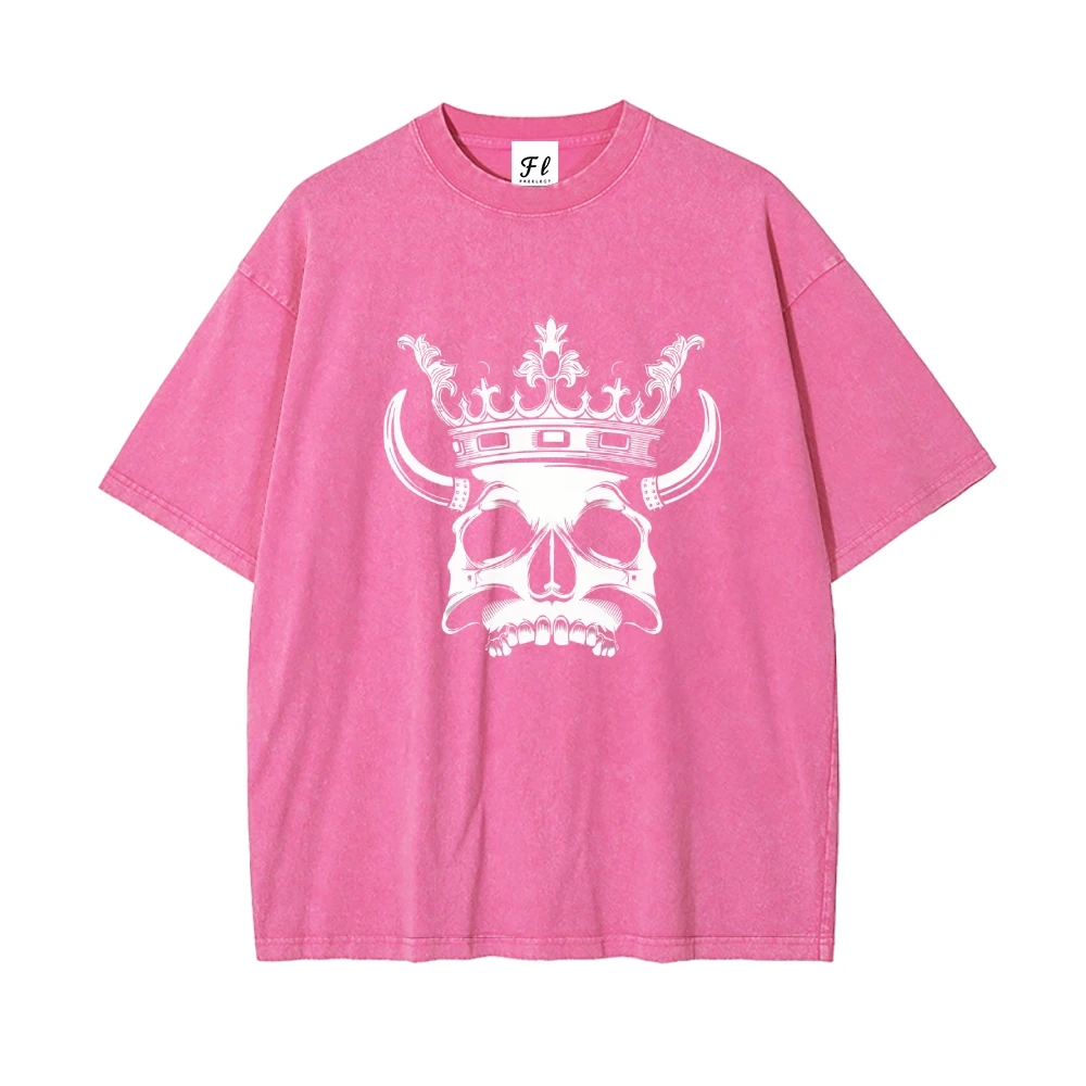 Retro Vintage Washed Crew Neck Tee with Skull Crown Print Punk Aesthetic Trendy Lightweight Apparel Comfort Daily T Shirt