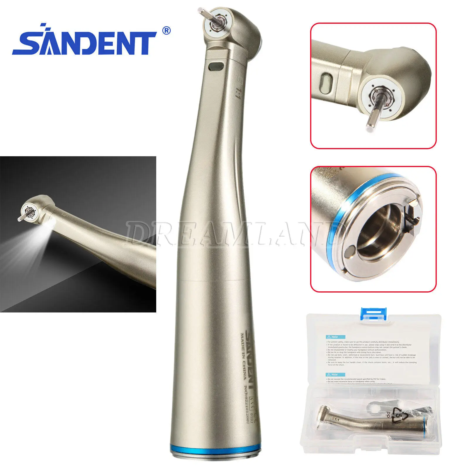 

Dental Fiber Optic LED 1:1 Contra Angle Handpiece Internal Water Spray Fit NSK High Speed Bur FG1.6mm