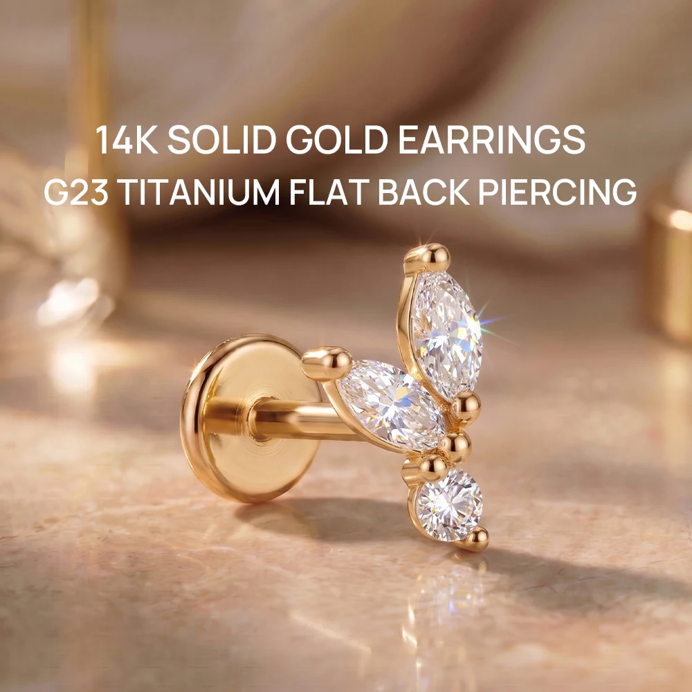 AIDE 14K Solid Gold Cartilage Helix Piercing Multi Sized Women's Geometric Horse Eyes CZ Zircon Flat Back Wedding Bridal Jewelry