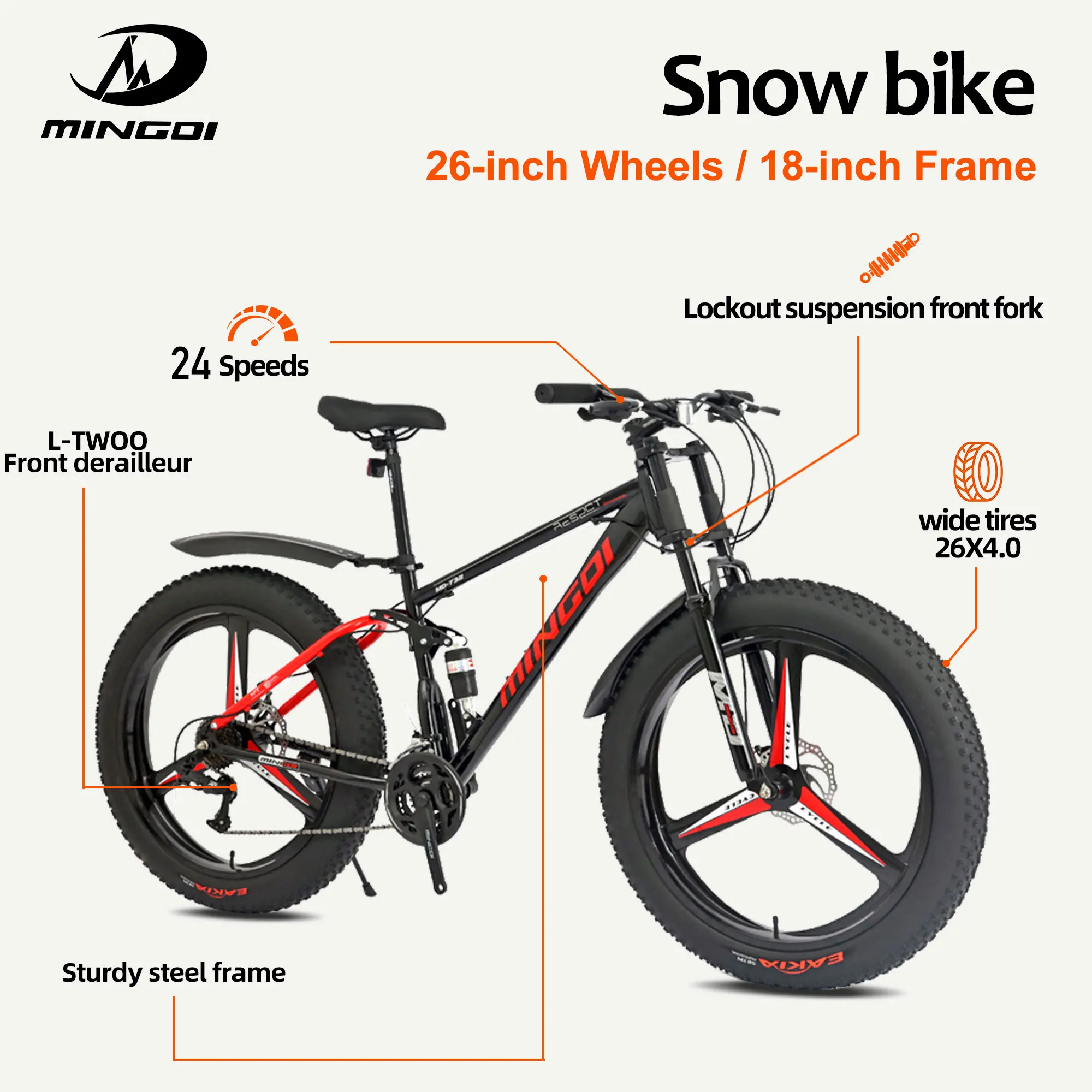 26 Inch Snow Mountain Bike 18 Inch Frame 24 Speeds Disc Brakes Lockout Suspension Fork Steel Frame Fat Tires Shock Absorber