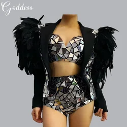 Silvery Sequins Feather Jacket Outfits Women Sequins Two Sets Stage Wear Sexy Nightclub Female Singer Host Modern Dance Costume