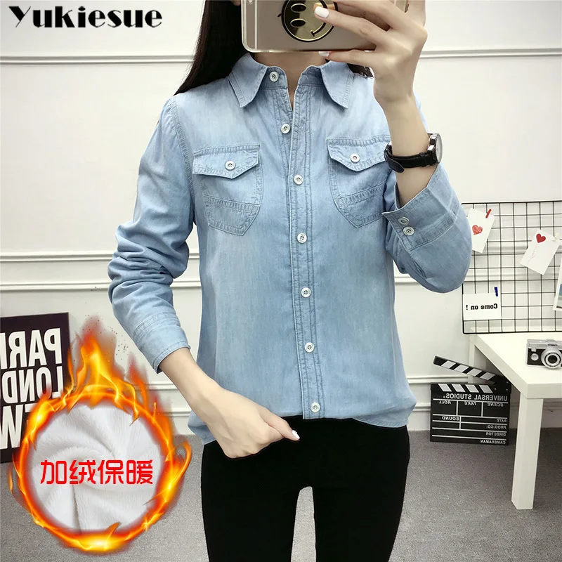 2022 Casual winter Autumn warm thick fleece denim Blouses Women Ladies Tops Women Blouses Long Sleeve Shirt clothe S-3XL