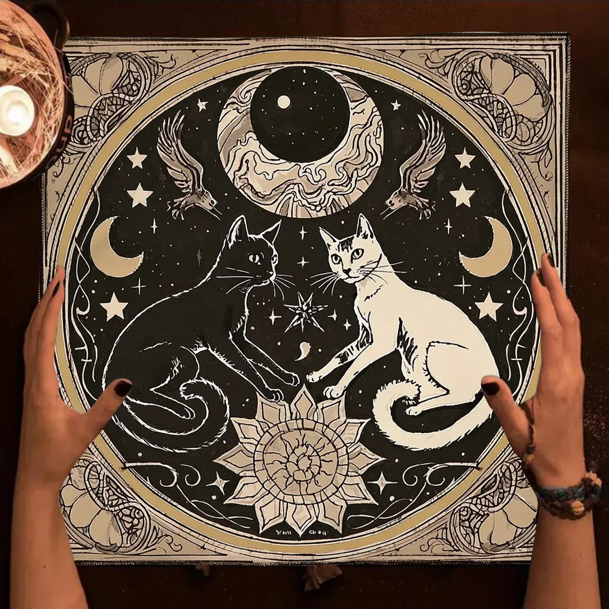 50/75/110/137cm Tarot mat Mystical Moon Cats Altar Cloth Floral Starry Sky Divination Tarot Table Witch Home Decor Mat Game Card