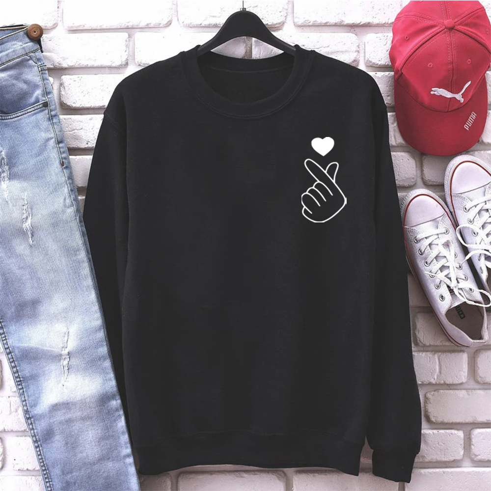 Korean Finger Heart Sweatshirt Korean Love Gift Cute Korean Heart Hoodie Women Long Sleeve Sweatshirts Kpop Pullovers Hoodies