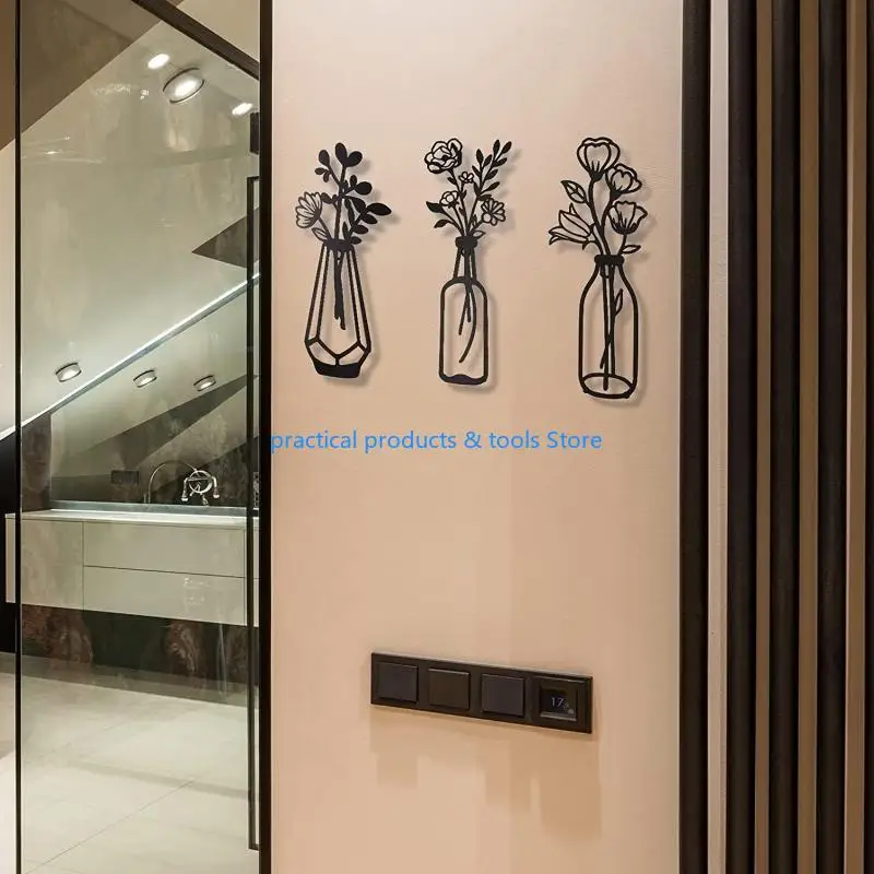 

77JB 3 Pcs Metal Flowers Wall Decor Metal Wall Sculpture for Patio Balcony Black Metal Wall Decor Art for Living Room Bathroom