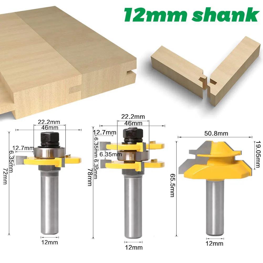 3PC/Set 1/2" 12.7MM 12MM Shank Milling Cutter Wood Carving Tongue and Groove Router Bit Tool Set 45 Degree Lock Miter Router Bit