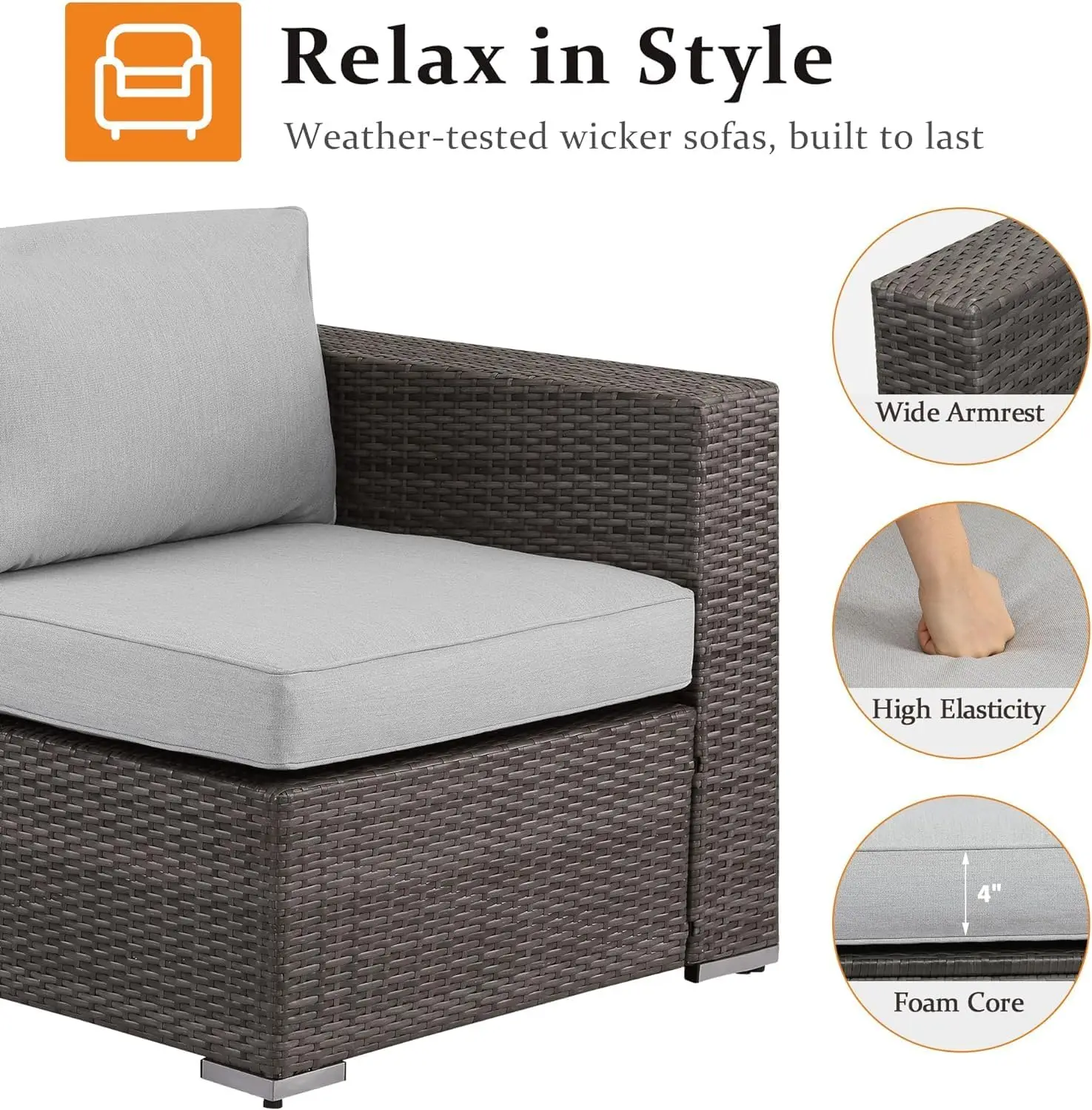 Patio Furniture Set, Outdoor Sectional Sofa with Glass Coffee Table, Wicker Rattan PatioSet with Ottoman for Balcony, Backyard