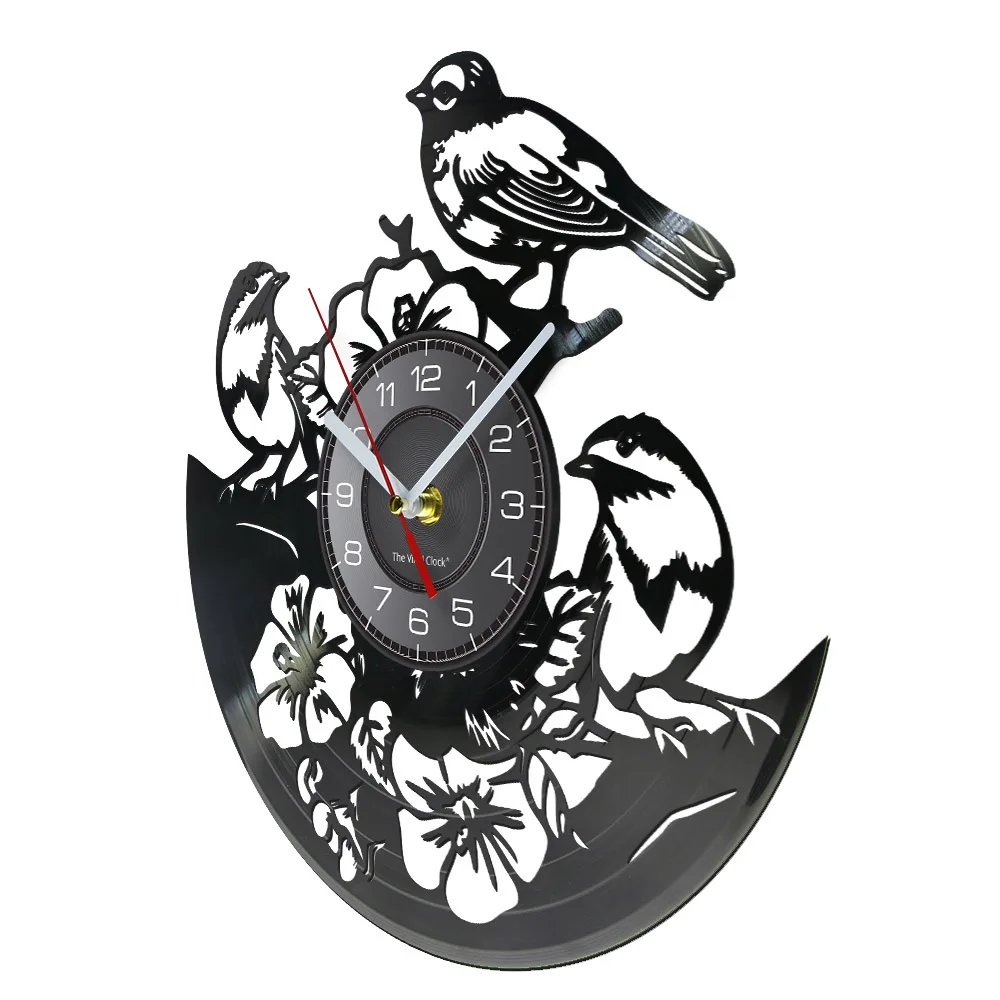 Tropical Peel and Stick Nature Wall Art Flowers Birds Wall Clock Birds in Tree Vinyl Record Clock Songbirds Sparrows Wall Clock