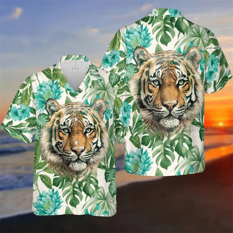 

Domineering Tiger Print Shirts For Men Clothes Punk Cat Animal 3D Printed Blouses Hawaiian Streetwear Lapel Blouse Button Tops