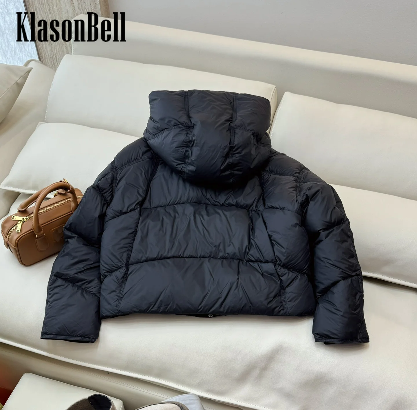 8.28 KlasonBell-Women Fashion Hooded White Goose Down Short Jacket Adjustable Drawstring Design Loose All-matches Down Coat