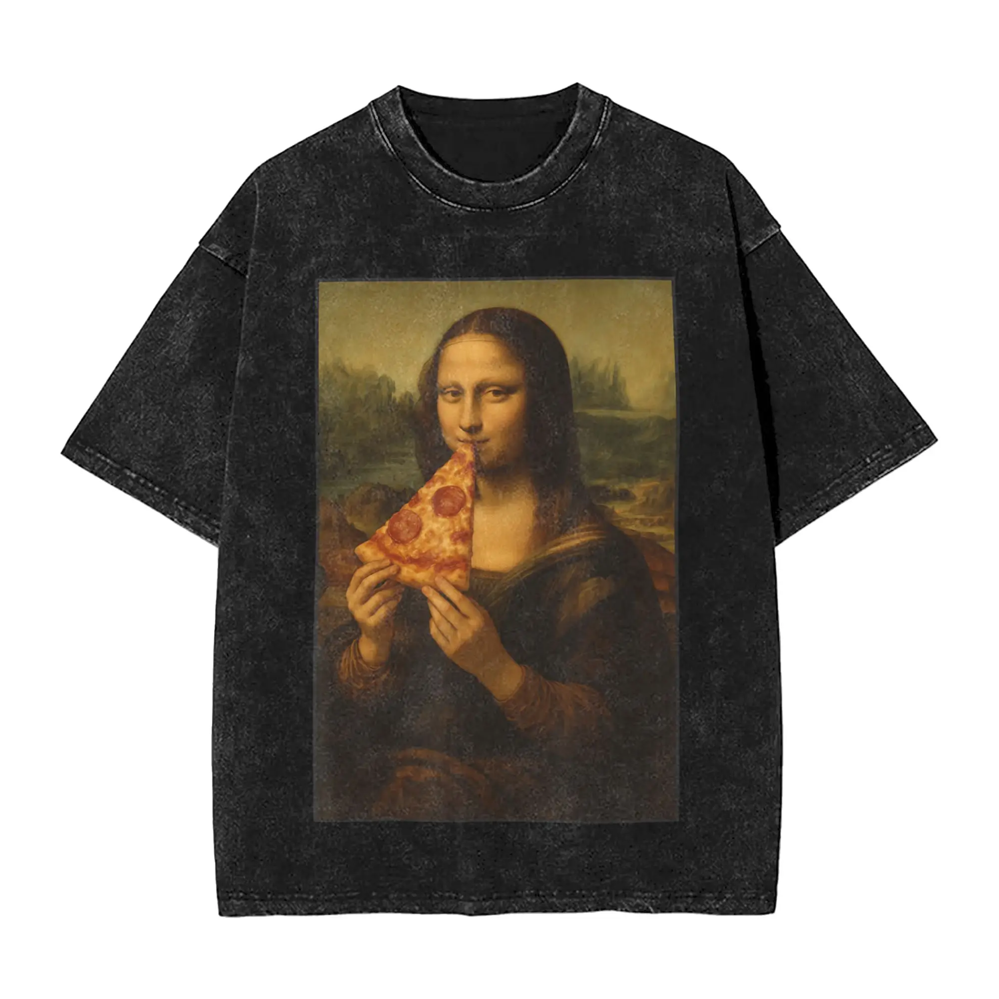 Mona Lisa Eating Pizza Funny Classic Art Pizza Foodie Mashup T Shirts Men Cotton Novelty T-Shirt O Neck Tees Short Sleeve Tops
