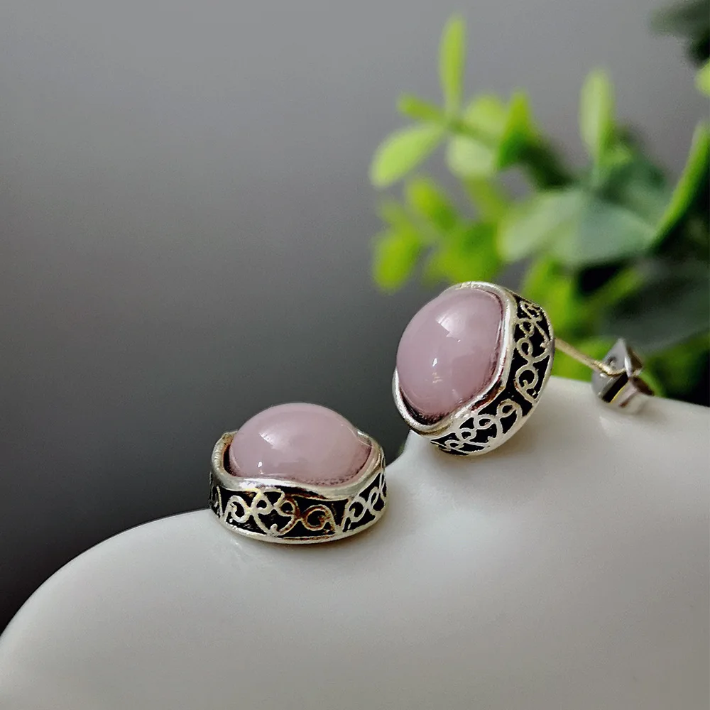 Natural Pink Stone Round Beads Earrings For Woman Antique Silver Plated Pink Stone Earrings With Silver Ear Nail Classic Jewelry