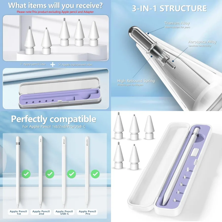 

Пенал, совместимый с Apple Pencil Pro 1-го 2-го поколения, дизайн USB-C, 5 комплектов сменных наконечников и фиолетовой силиконовой картой