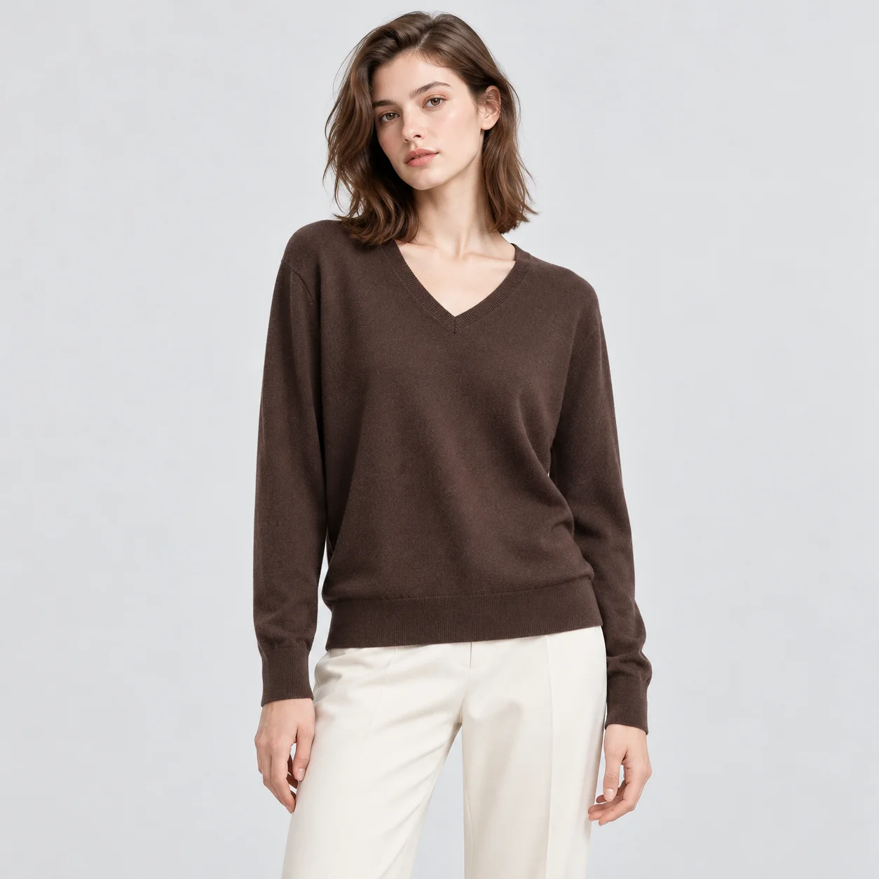 MZ62014 Women's V-Neck Sweater Long Sleeve Oversized Smooth Knit Drop Shoulder Relaxed Fit Elegant Pullover
