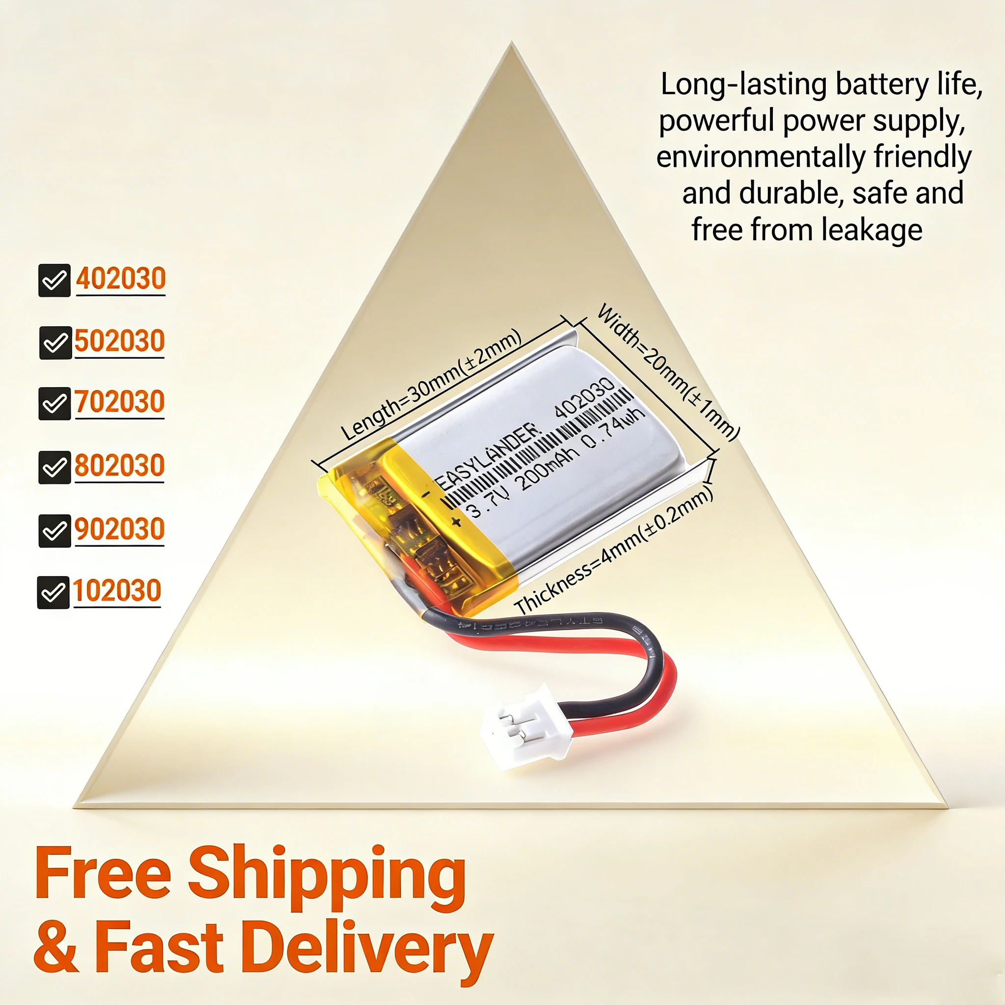 

3.7V 200mAh Lithium Polymer Battery JST 2.0mm 2-Pin 402030 502030 602030 Lipo Cells for Mini Camera GPS Toy