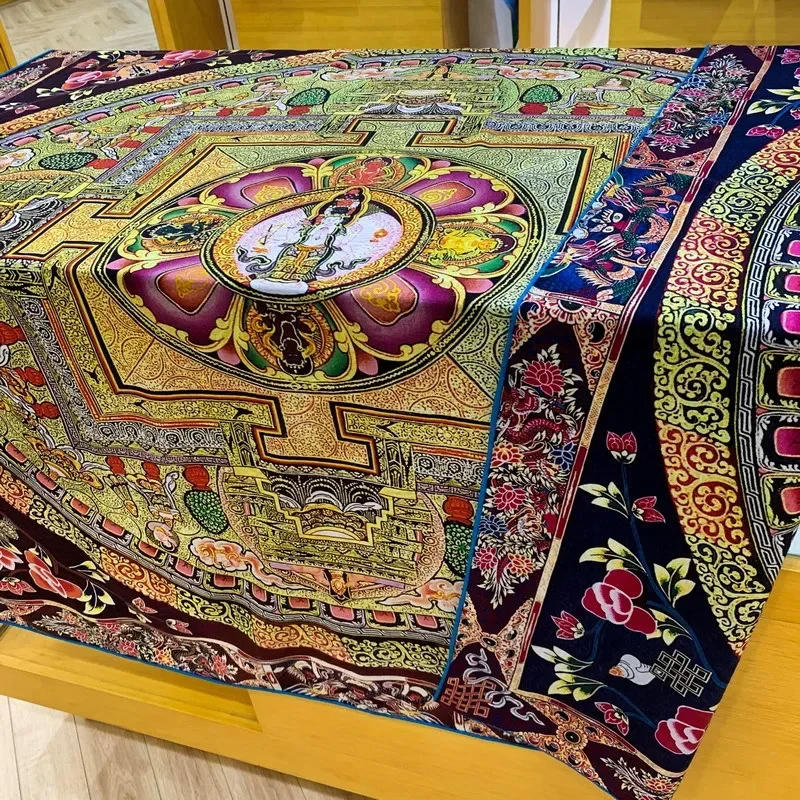 Tibet thangka-エスニックスタイルの女性用ショール,両面プリント,シルクウールのスカーフ,手巻きのエッジ,ハイエンドのファッション,エレガントで高品質