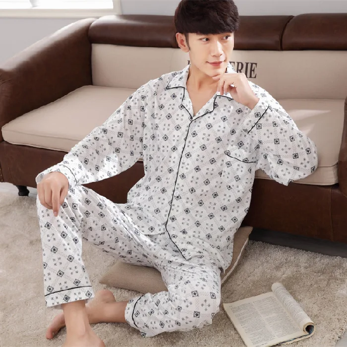 Man Spring Summer Casual 2/pceset Loungewear Male Korean-style Plaid Pajama Loungewear Man Pants Cardigan Loose Pajama Sleepwear