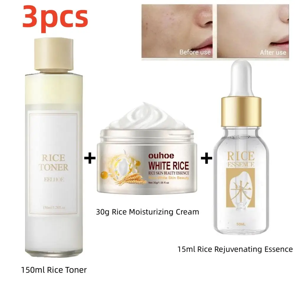 3PCS Rice Skincare Set Firming Whitening Brighten Repairing Moisturizing Nourishing Skin Shrinking Pores Essence Cream