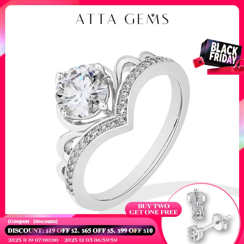 

ATTAGEMS кольца с муассанитом круглой огранки 1 карат DVVS1 S925 стерлингового серебра для женщин Корона принцессы обручальное кольцо высокие ювелирные изделия