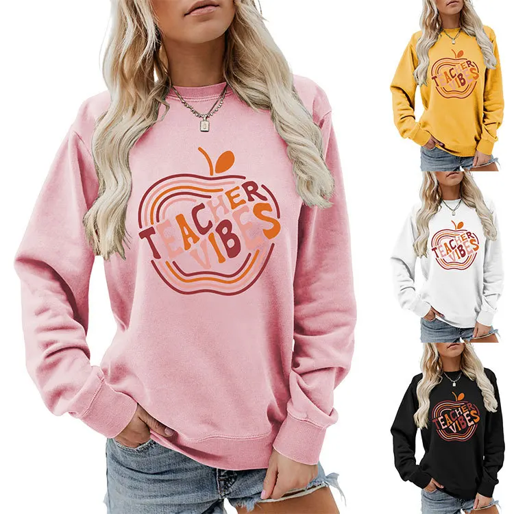 

Autumn new teacher vibes apple print crewneck hoodie ladies loose casual long-sleeved top with all fashion pullover