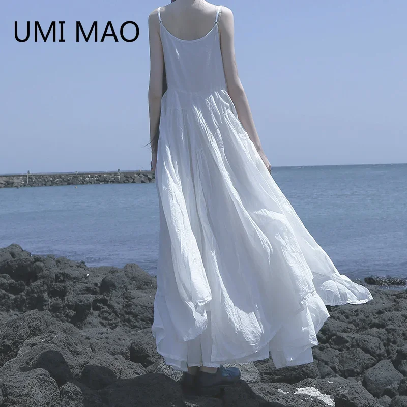 

UMI MAO Yamamoto Dark Summer Beach Black White Super Long Irregular Big Swing Elegant Suspender Dress Women Femme Y2K Fashion