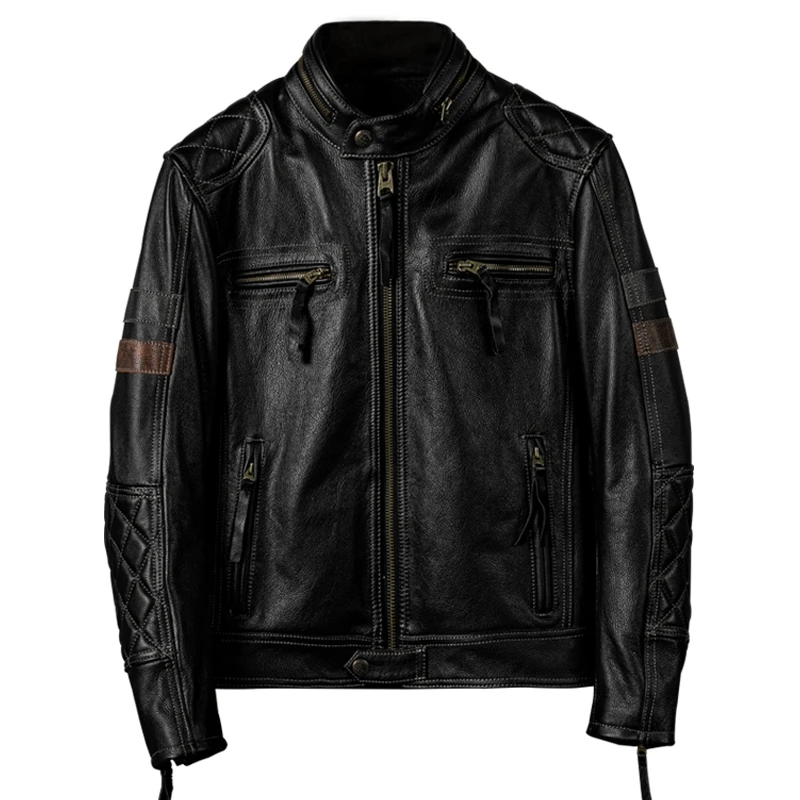 Black Autumn Leather Jacket Men Motorcycle Style Plus Size 6XL Genuine Natural Cowhide Can Add Protection Device Leather Coat