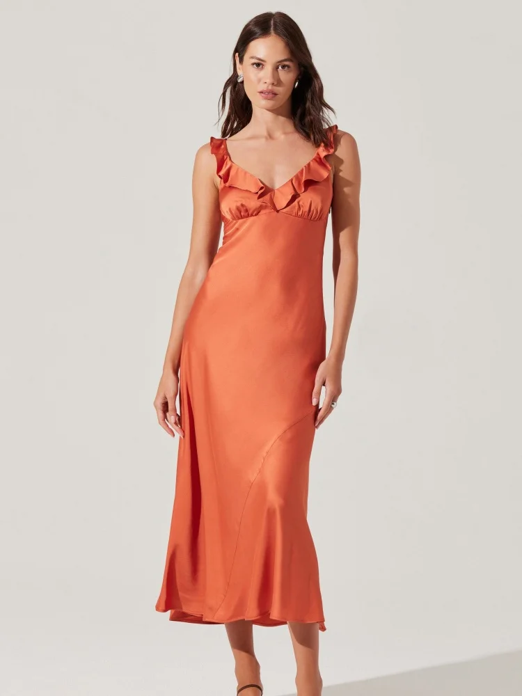 フリルサテンオレンジドレス - エレガントなVネックノースリーブミディドレスディナーデートホリデー集会パーティードレス