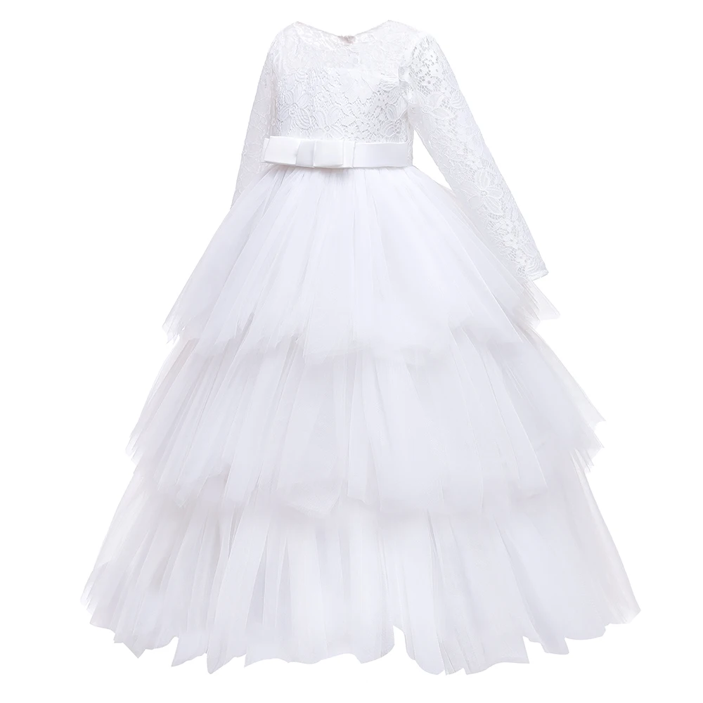 

Long Sleeve White Bridesmaid Party Girls Dress Tulle Wedding Birthday Princess Prom Dresses Girl First Communion Evening Costume