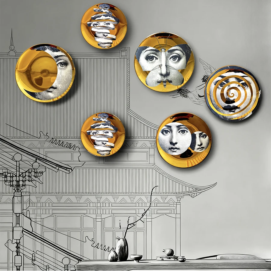 

Золотая керамическая декоративная тарелка, диск в стиле лица, оснащенная витриной, подарок в итальянском стиле, для семьи и друзей.