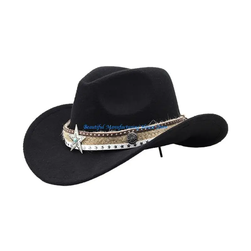 

E56A Woman Cowgirl Hat for Summer Lady Taking Photo Hat with Bohemian Hat Rope