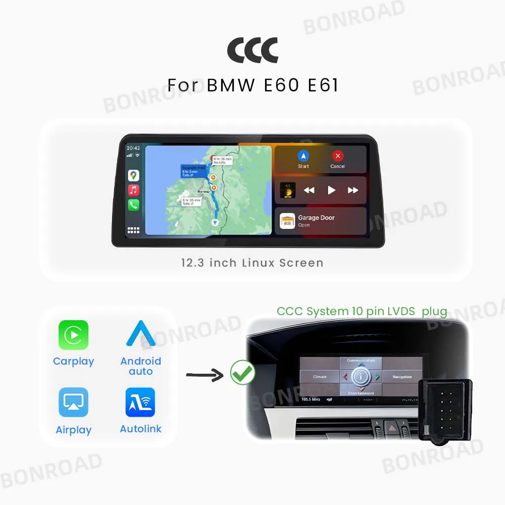 BONROAD 12.3 Inch Draadloze CarPlay Android Auto Autoradio Touchscreen voor BMW 5 Serie E60 E61 E62 CCC CIC Navigatie Stereo