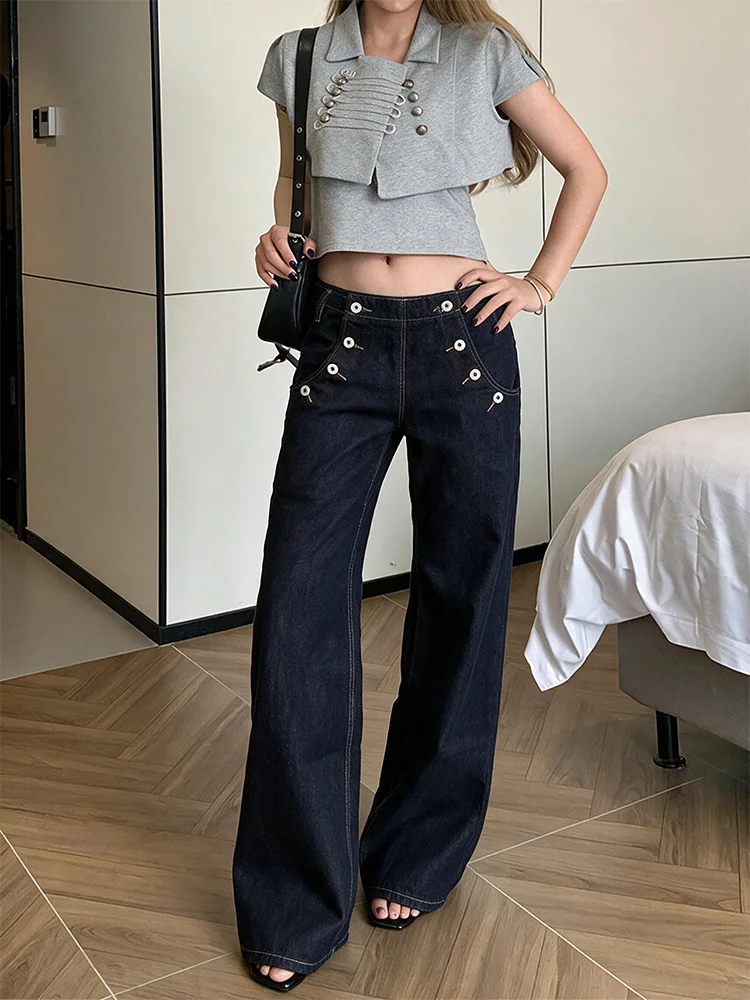 plus Size American Style Spicy Girl Retro Original Jeans Blue Multi-Button Denim Pants Women Loose Straight Leg Slimming Long...